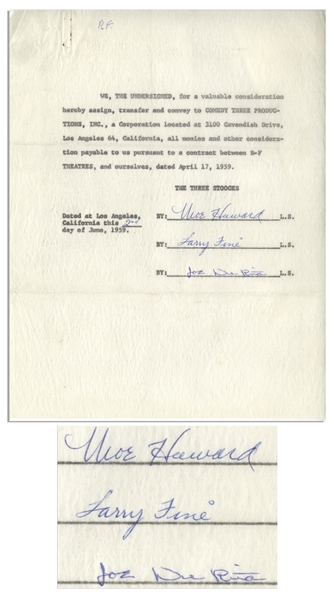 Three Stooges Signed Agreement to R-F Theatres, Dated June 1959 -- Signed by Moe Howard, Larry Fine & Joe DeRita -- Measures 8.5'' x 11'' -- Very Good